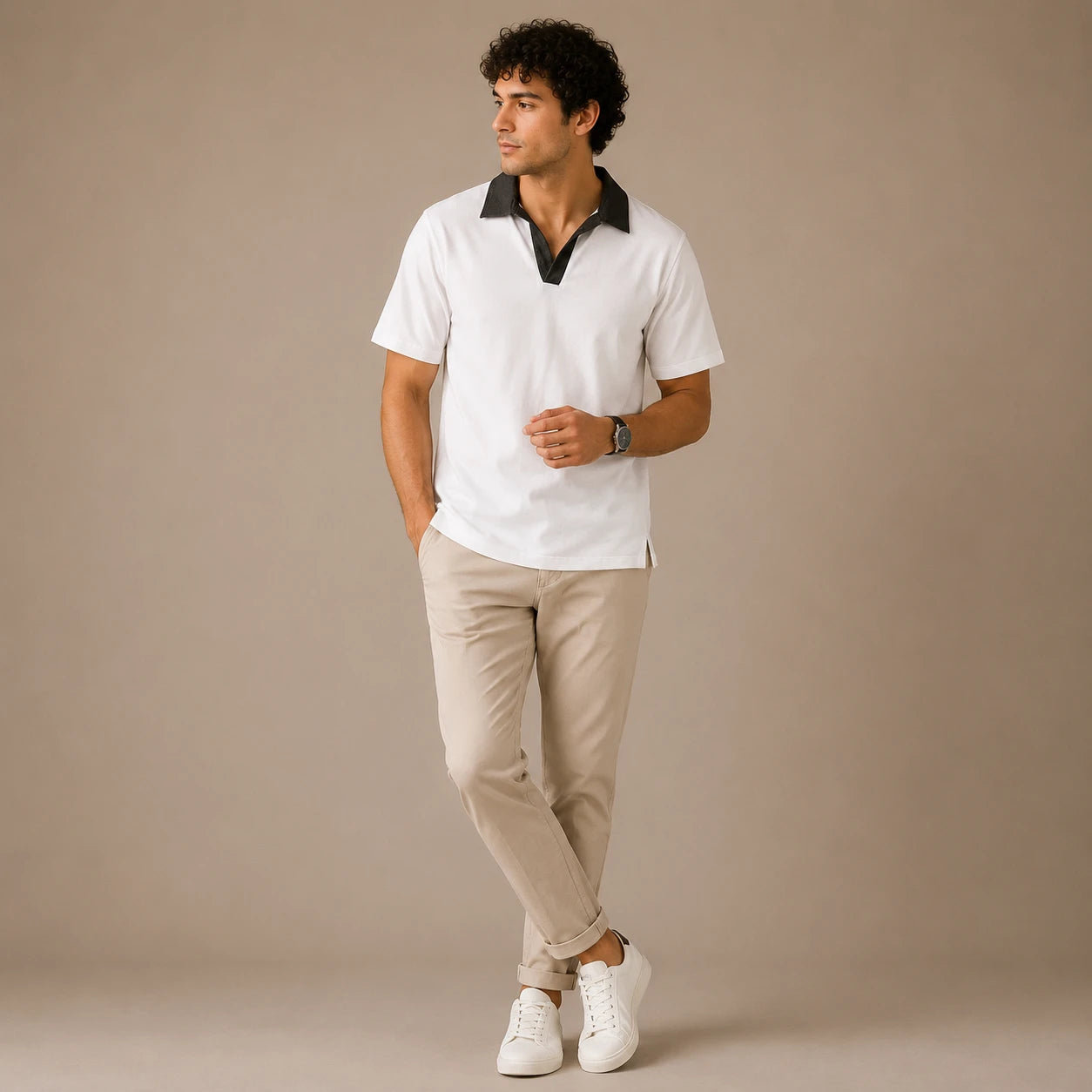 Rigo Mens White Terry Polo With Contrast Denim Collar