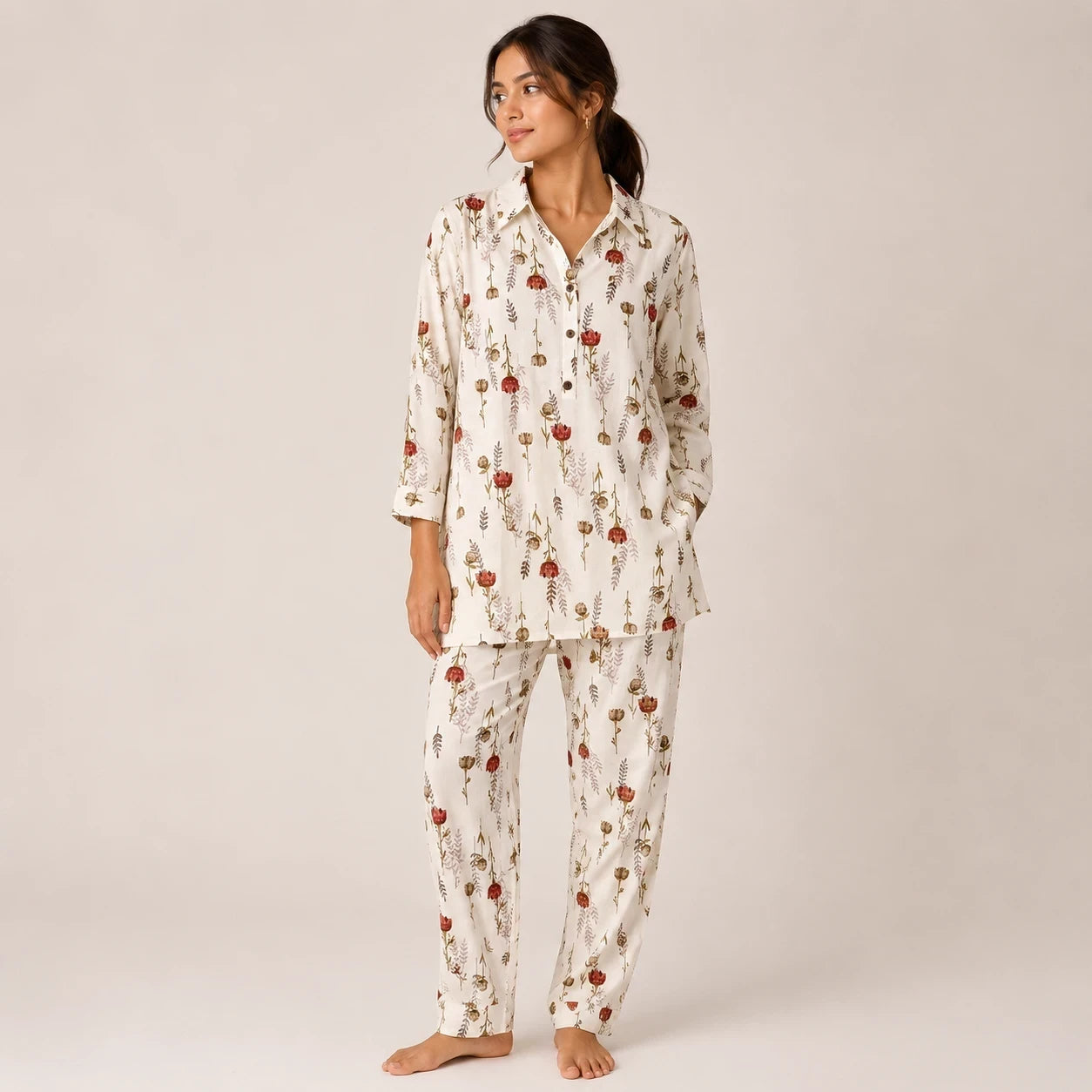 Cream Floral Printed Co-Ord Set