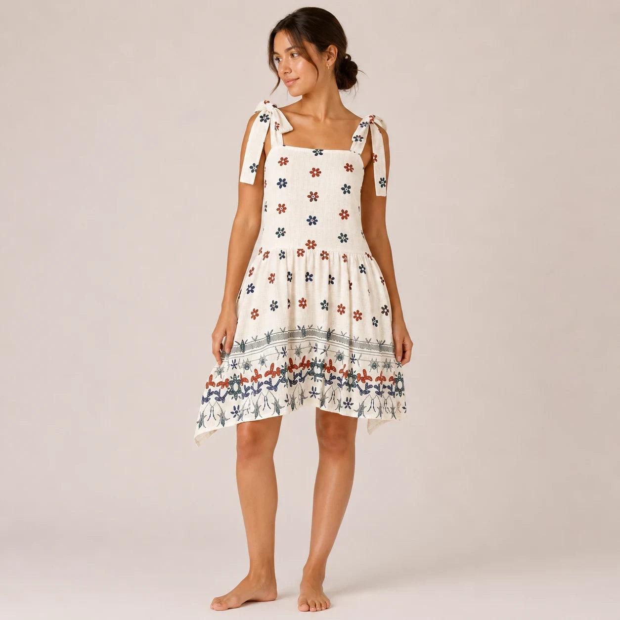 White Floral Tie-Strap Midi Dress