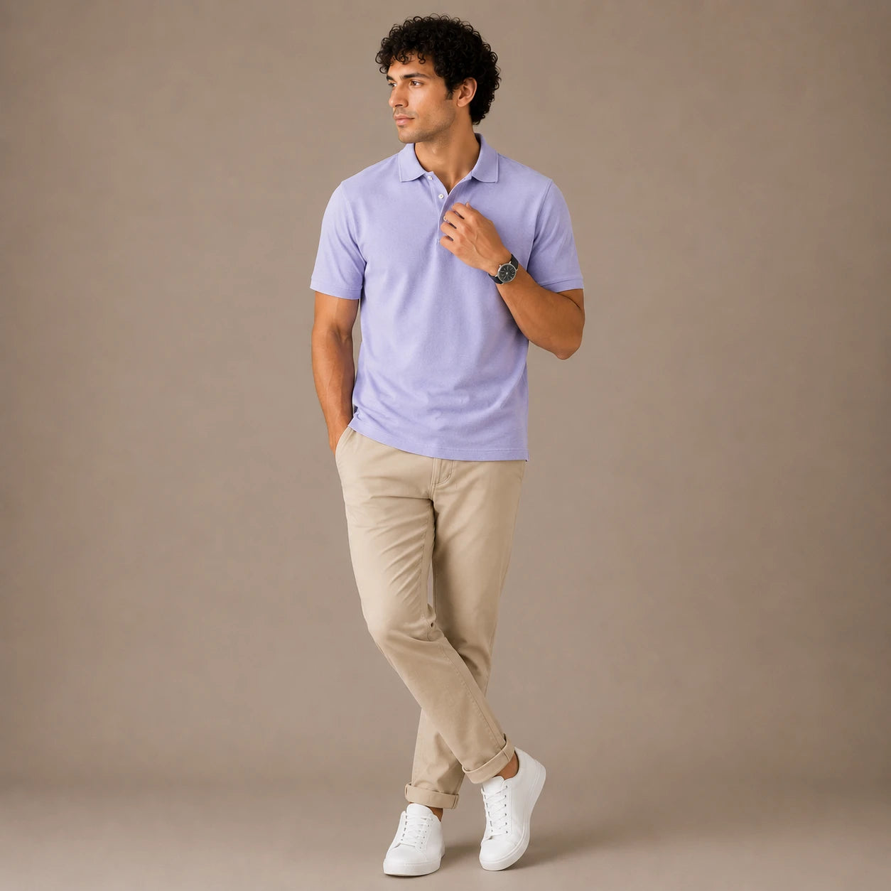 Rigo Mens Solid Light Purple Polo With Contrast Buttons