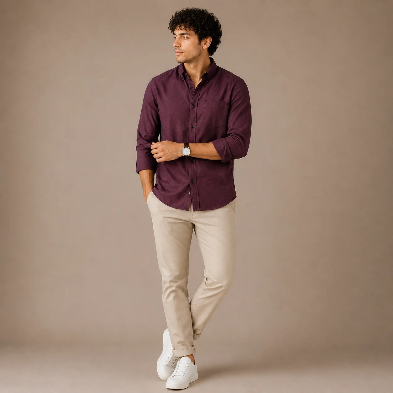 Rigo Mens Light Brown Solid Button Down Shirt