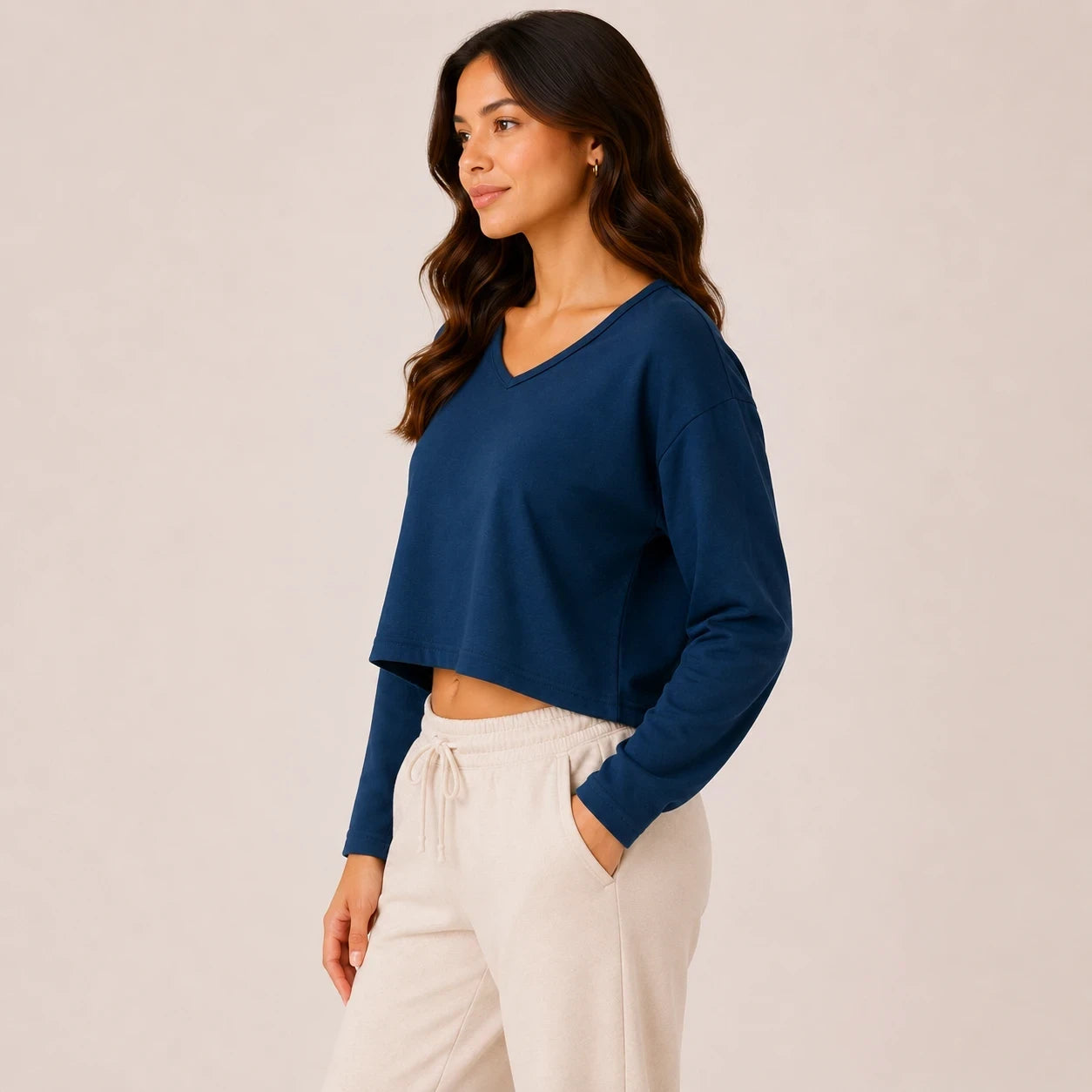 Navy Blue Full Sleeve Crop Top