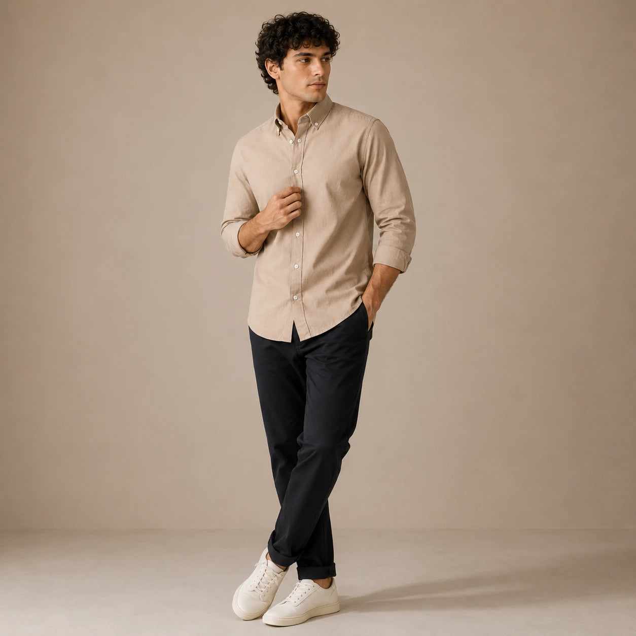 Rigo Mens Khakhi Solid Button Down Shirt
