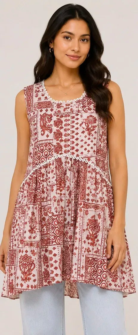 Red Ethnic Printed Sleeveless Tunic Top